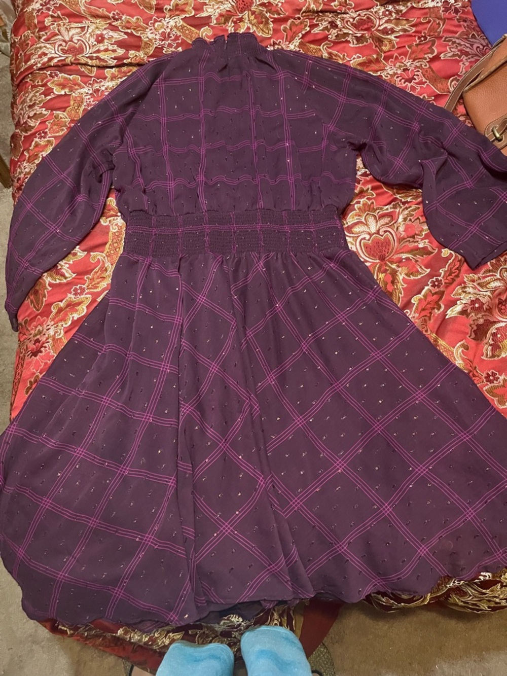 Calvin Klein Plum Plaid Long-Sleeve Smocked-Waist Dress